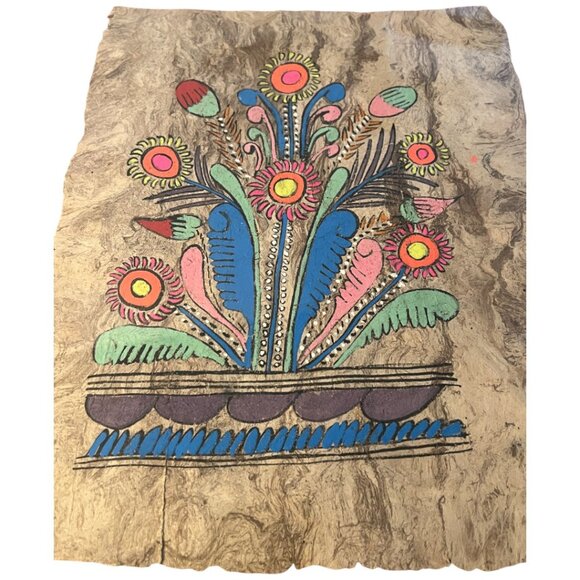 Vintage Mexican Amate Bark Painting – Floral Hand-Painted FOLK ART w/ Burlap Mat - Picture 6 of 16